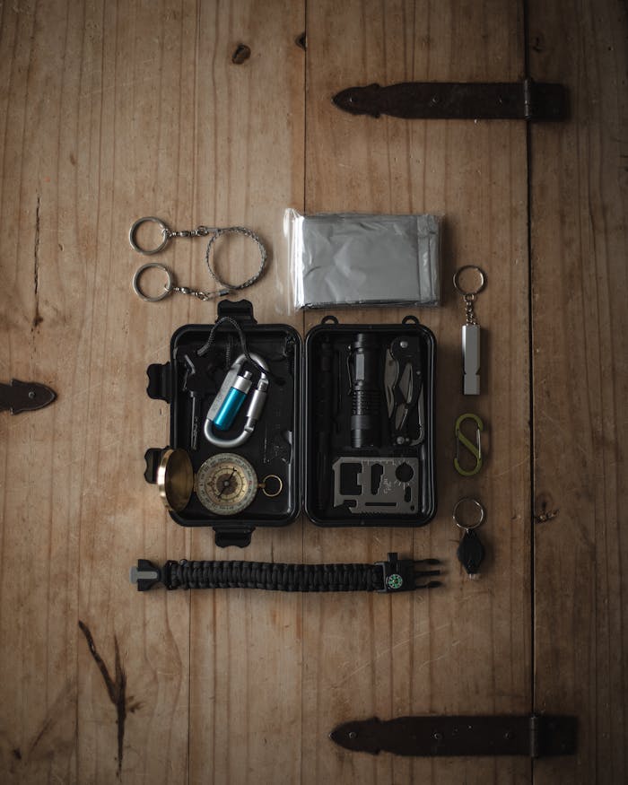 stats-img Top view of a compact survival kit with essential tools on a wooden surface.